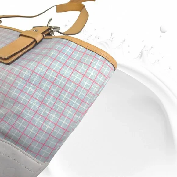 Vintage COACH Soho pastel blue plaid tote with vachetta leather & wristlet - Picture 2 of 15